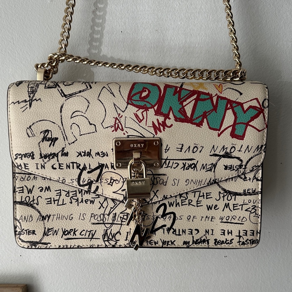 DKNY Cream and Black Crossbody Bag with Graffiti Design